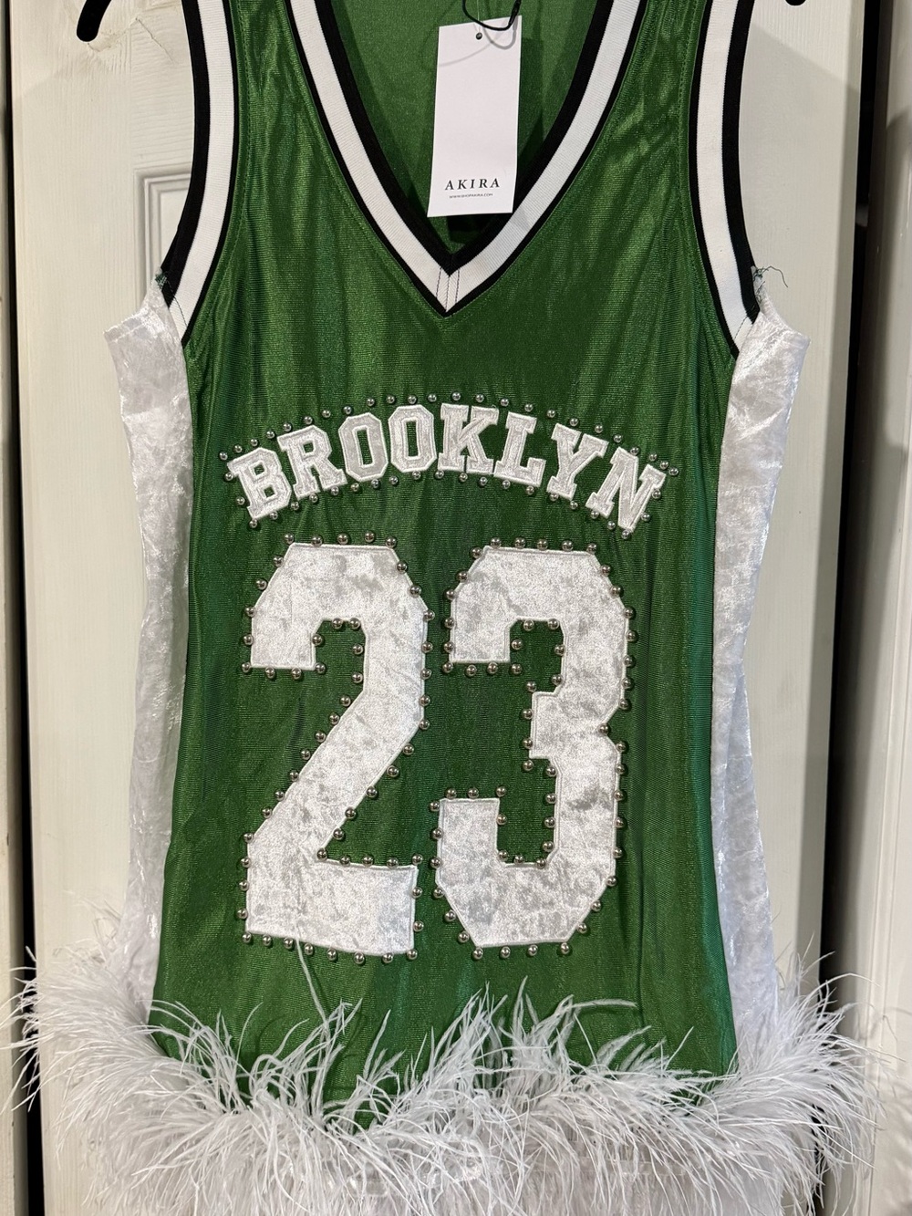 AKIRA Green and White Brooklyn 23 Feather Trim Jersey Dress NWT Small